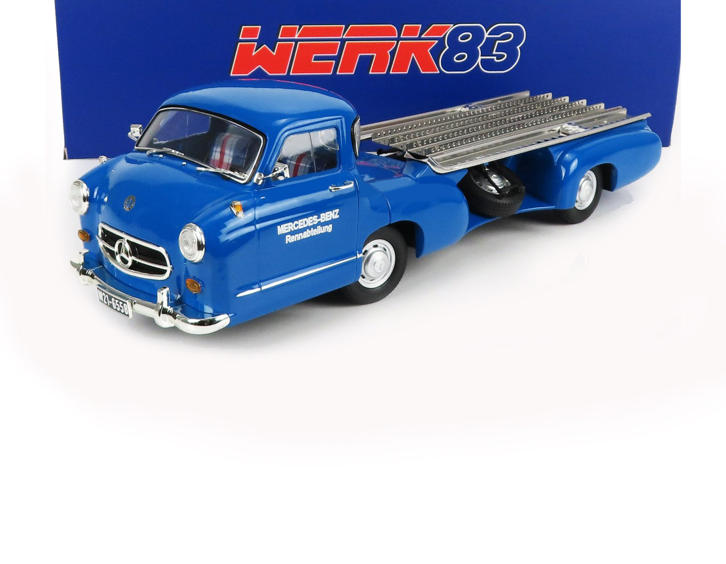 1955 MERCEDES BENZ RACING CAR TRANSPORTER TRUCK RENNTRANSPORTER BLUE 1:18 SCALE