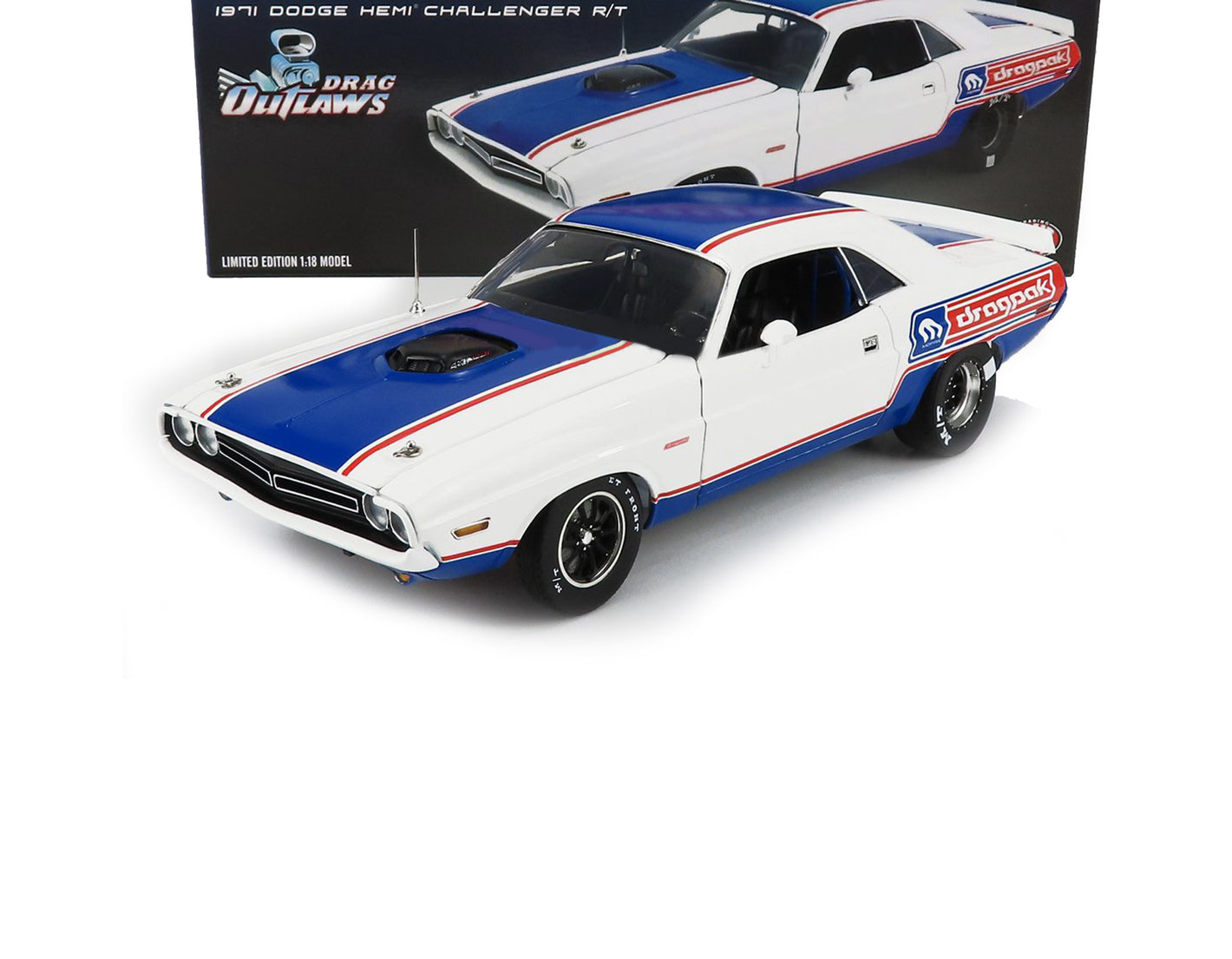 1971 DODGE HEMI CHALLENGER R/T MOPAR DRAG PAK WHITE W/STRIPES 1:18 SCALE