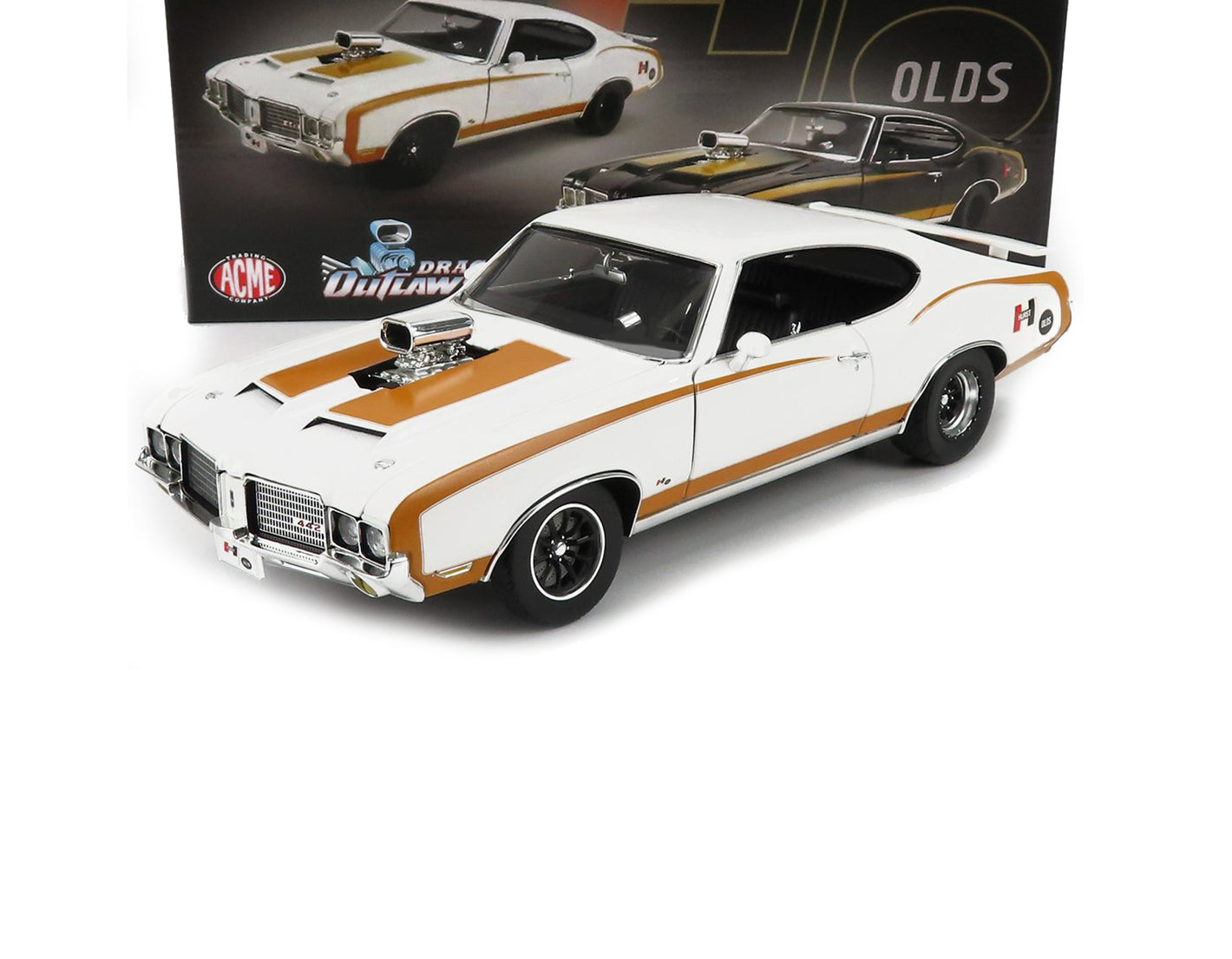 1972 OLDSMOBILE 442 HURST DRAG OUTLAW WHITE W GOLD STRIPES 1:18 SCALE