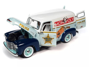 1948 CHEVROLET PANEL POLICE VAN & MR. MONOPOLY FIGURE 1:18 Scale by AUTOWORLD AWSS129