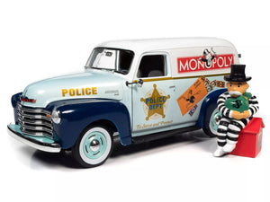 1948 CHEVROLET PANEL POLICE VAN & MR. MONOPOLY FIGURE 1:18 Scale by AUTOWORLD AWSS129